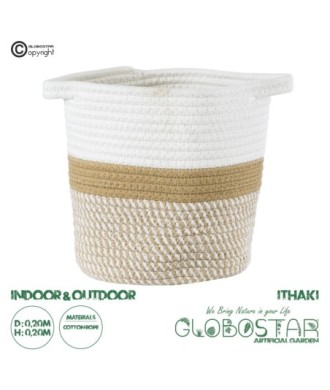 GloboStar® Artificial Garden ITHAKI 20323 Διακοσμητικό Πλεκτό Καλάθι - Κασπώ Γλάστρα - Flower Pot Καφέ με Λευκό Φ20cm x Υ20cm